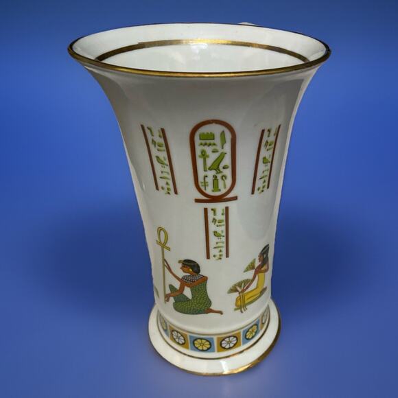 Large MOSTOROD Egyptian Porcelain Flared Vase with Gold Trim Hieroglyphic Motif - Picture 2 of 7